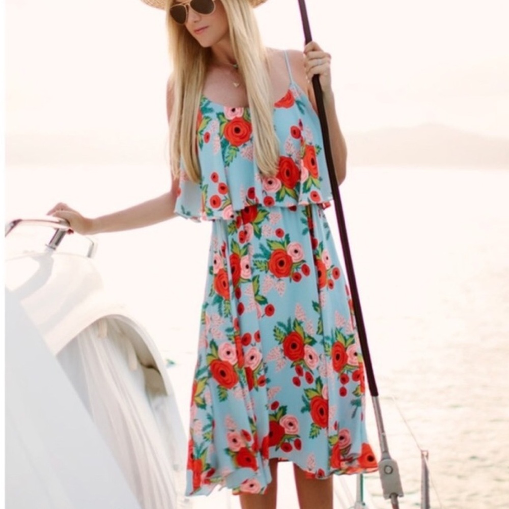 Floral Sleeveless Dress - Blue and Red